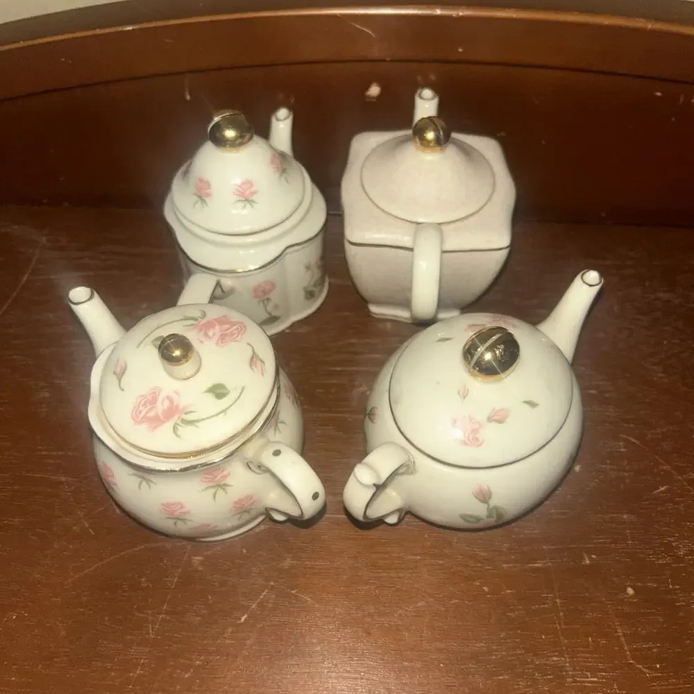Partylite Floral Teapot Set x 4 Miniatures Tealight Candle Holders - Picture 4 of 7
